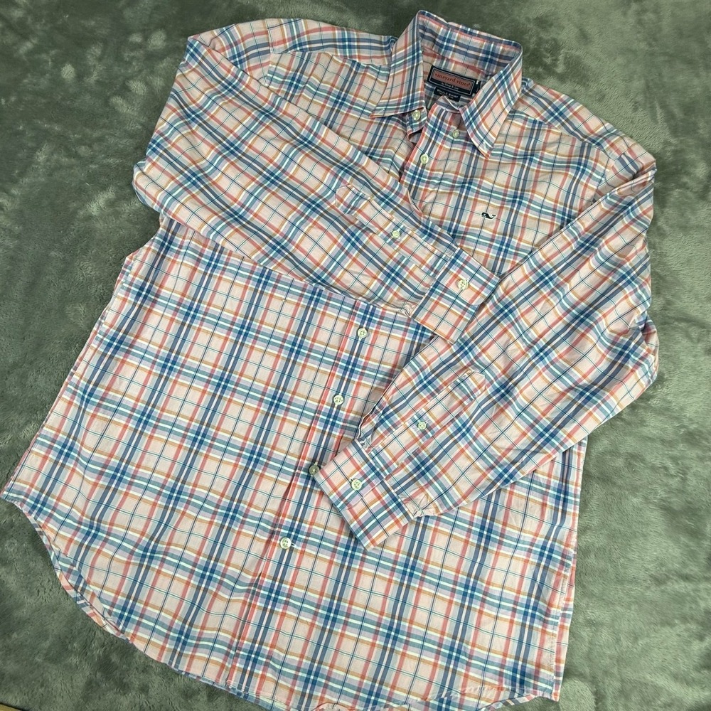 Vineyard Vines Whale Shirt Men's Medium Pink Blue Plaid Button Down Long Sleeve
